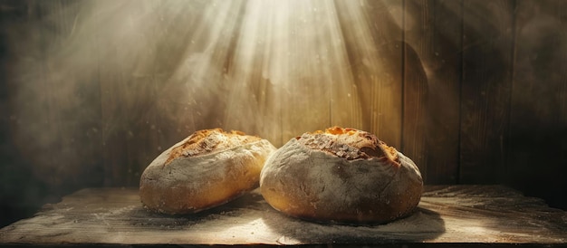 Foto dois pães sobre uma mesa de madeira
