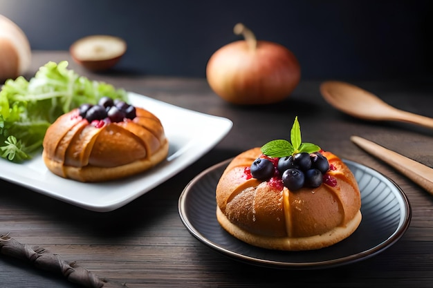 Dois pãezinhos com frutas no topo de um prato