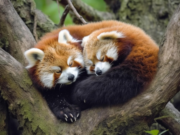 Dois pandas vermelhos abraçados em uma árvore