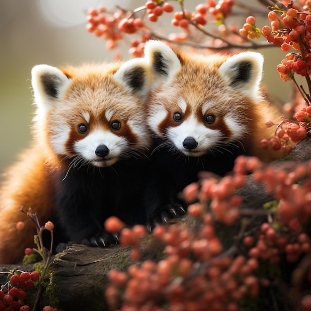 Dois pandas vermelhos em uma árvore