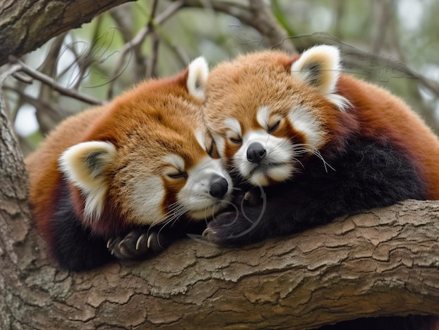 Dois pandas vermelhos estão dormindo em um galho de árvore.