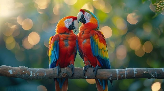 Dois papagaios coloridos em cima de um galho de árvore