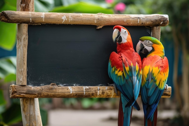 Dois papagaios coloridos em um sinal de madeira