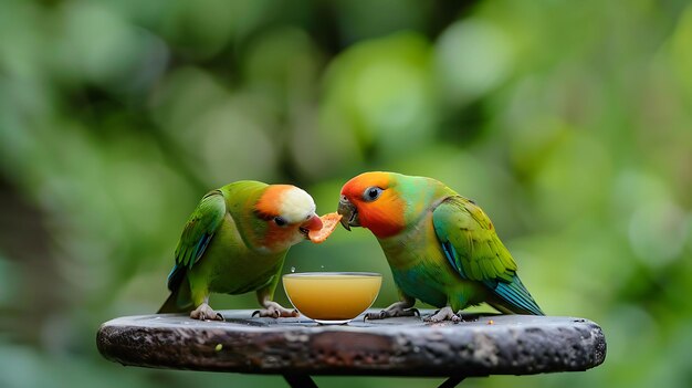 Dois papagaios coloridos estão comendo frutas de uma tigela os papagaios estão empoleirados em um galho em frente a um fundo verde exuberante