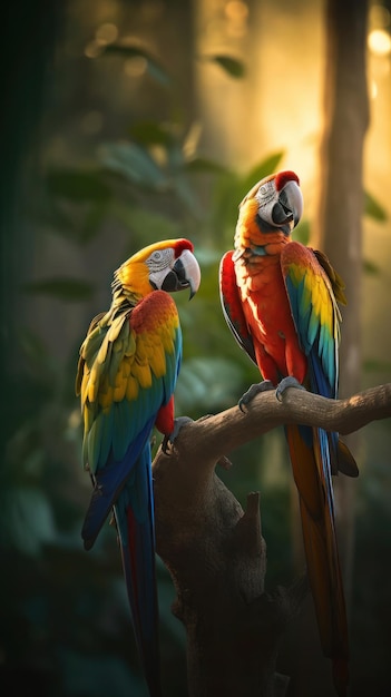Dois papagaios coloridos estão sentados em um galho.