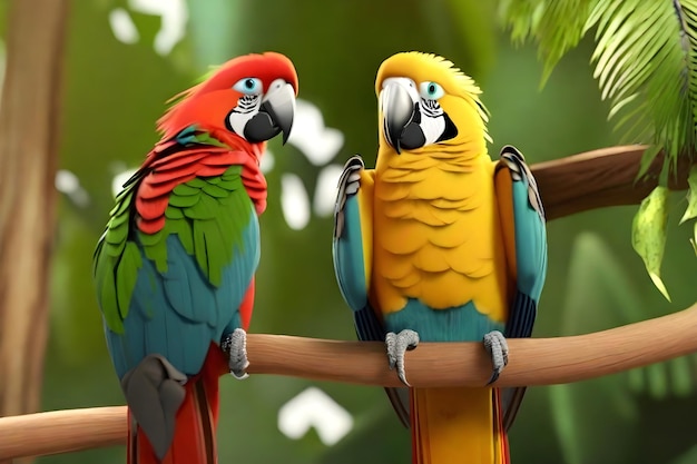 dois papagaios coloridos estão sentados em um ramo