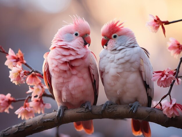 Dois papagaios cor-de-rosa sentados em um galho no jardim Flores AI Generative