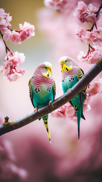 Dois papagaios em um galho com flores cor de rosa
