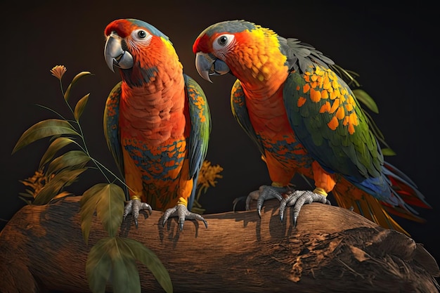 Dois papagaios em um galho com folhas no fundo