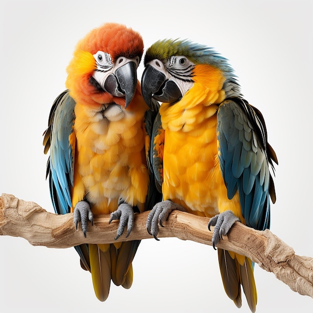 Dois papagaios estão sentados num galho com um a usar um top amarelo e azul.
