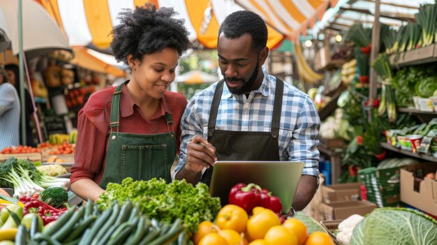 Foto dois parceiros de negócios gerenciam um mercado de agricultores orgânicos de sucesso 39 um casal multiétnico está usando um computador portátil para discutir o inventário de produtos agrícolas