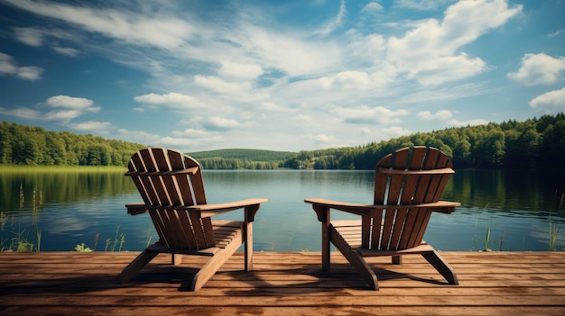 Dois pares de cadeiras de madeira com vista para um lago e floresta verde
