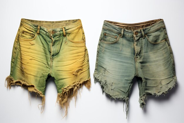 Foto dois pares de calças curtas com bordas rasgadas nelas