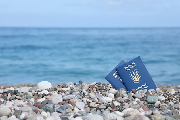 Dois passaportes ucranianos biométricos no fundo da costa marítima