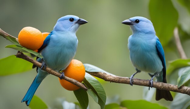 dois pássaros azuis estão sentados em um ramo com laranjas