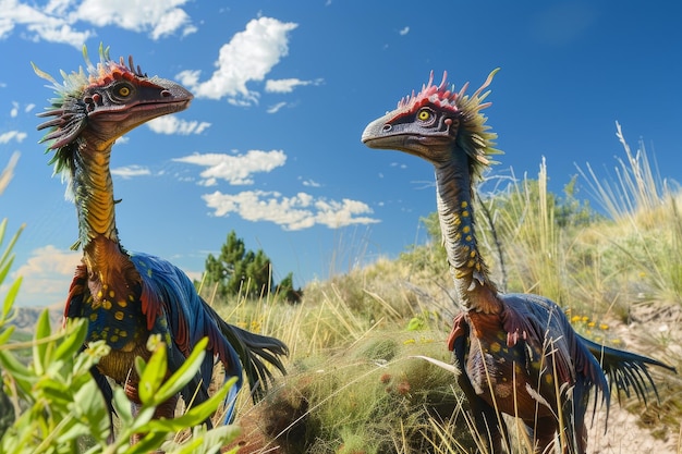 Dois pássaros coloridos com penas longas estão de pé em um campo gramado