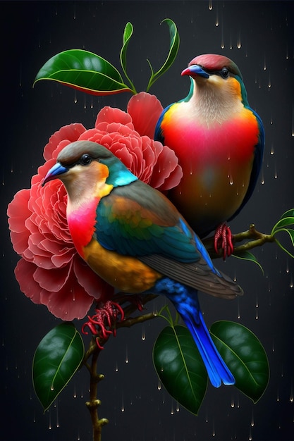 Dois pássaros coloridos sentados em um galho de uma flor generativa ai