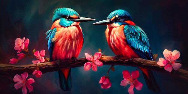 Dois pássaros coloridos sentados no galho com flores cor de rosa