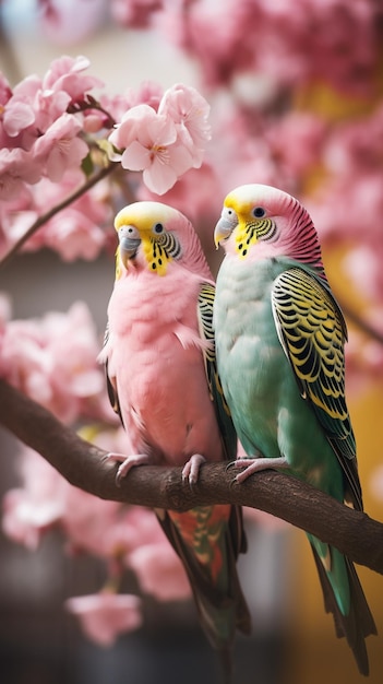 Dois pássaros coloridos sentam-se em um galho de uma cerejeira.