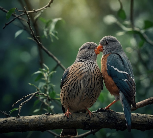 Foto dois pássaros coloridos sentam-se num galho na floresta.