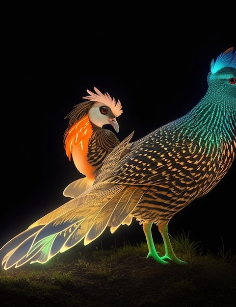 dois pássaros com um corpo laranja e azul brilhante e um com uma cauda azul e laranja.