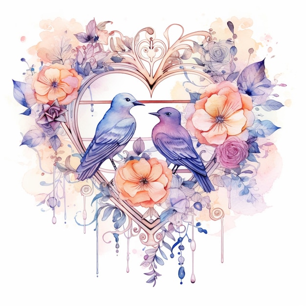 Dois pássaros em um coração com flores e um coração no meio.