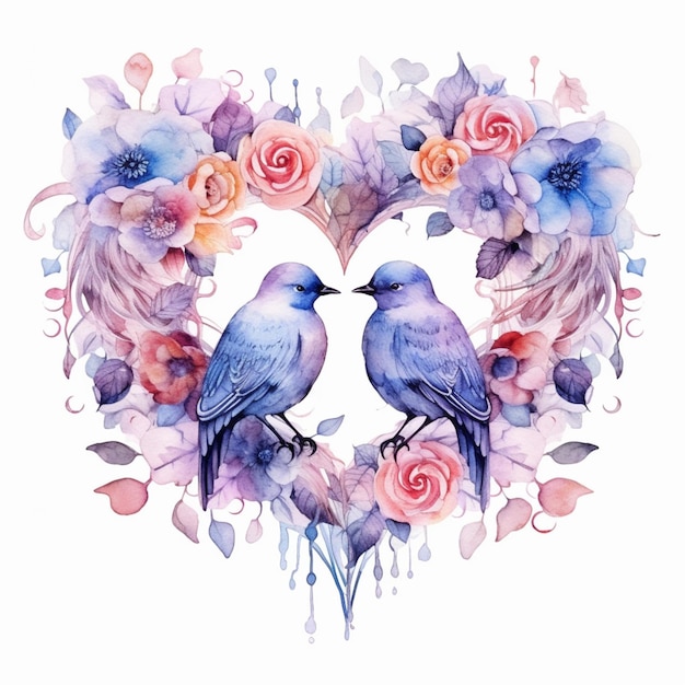 Dois pássaros em um coração com flores