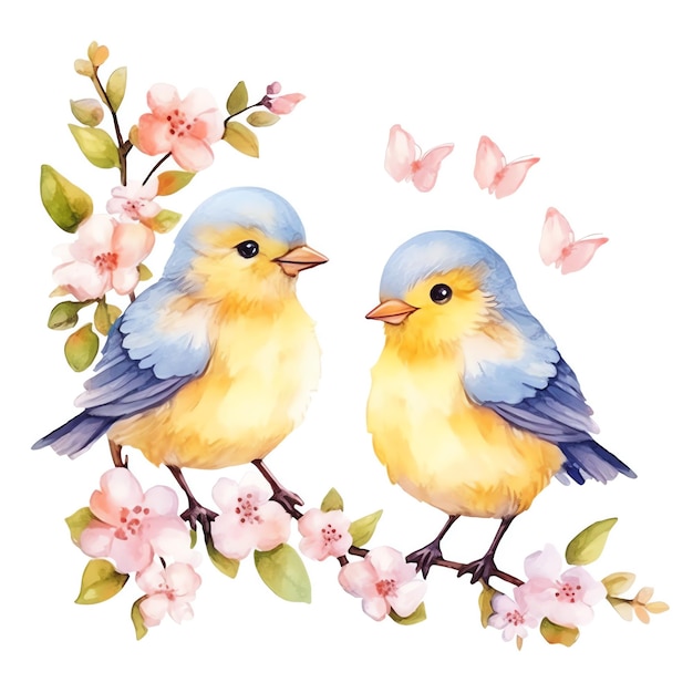 Dois pássaros em um galho com flores