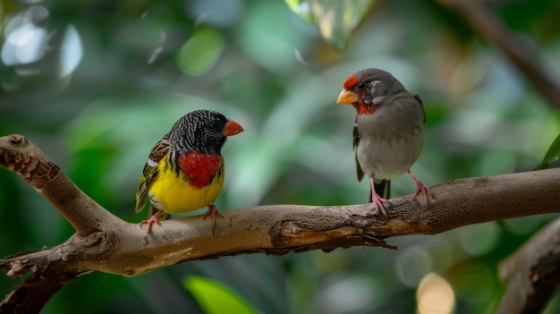 Dois pássaros empoleirados no galho de uma árvore