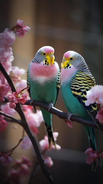 Dois pássaros estão sentados em um galho com flores cor de rosa.