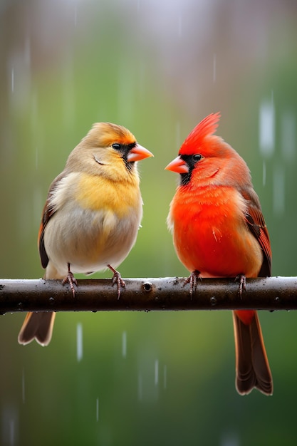 dois pássaros estão sentados em um galho na chuva