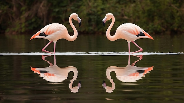 Dois pássaros flamingos em espelho como imagem