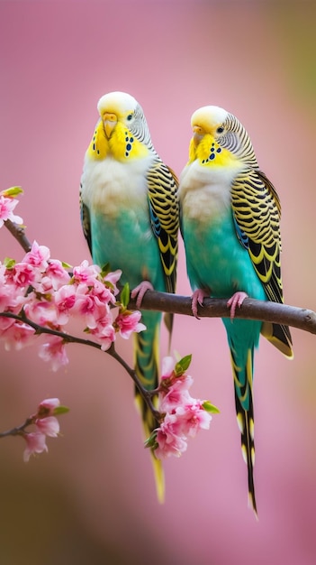 Dois pássaros periquitos em um galho com flores cor de rosa