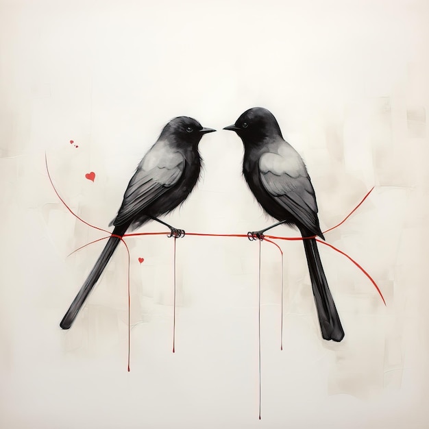 dois pássaros pretos com corações em suas cabeças sobre um fundo branco no estilo minimalista