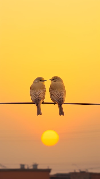 Foto dois pássaros sentados em um fio com o sol a pôr no fundo