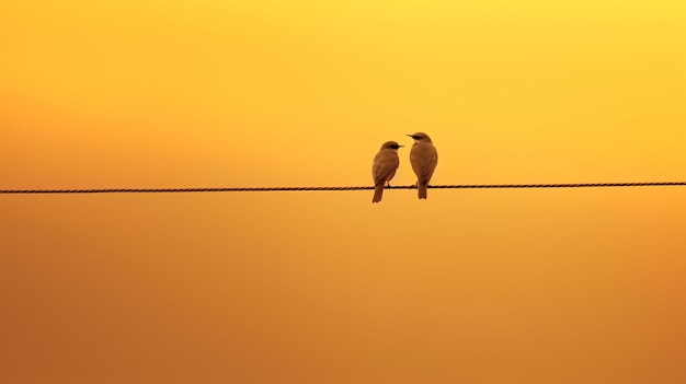 Foto dois pássaros sentados em um fio com um céu amarelo no fundo
