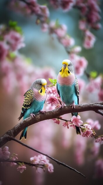 Dois pássaros sentados em um galho com flores cor de rosa ao fundo