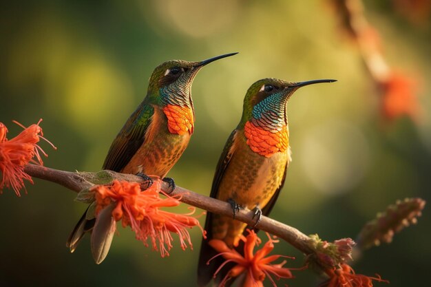 Foto dois pássaros sentados em um galho com uma flor verde e vermelha ao fundo.