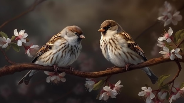 Dois pássaros sentados em um galho de sakura florescendo Pintura digital generative ai