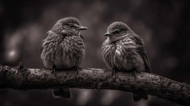 Dois pássaros sentados em um galho, um dos quais é preto e branco.