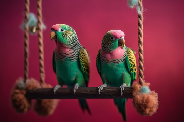 Foto dois pássaros sentados em um poleiro com fundo vermelho