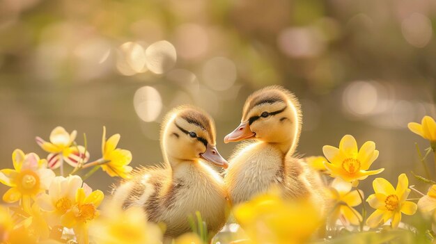 Dois patinhos fofinhos sentam-se adoravelmente entre flores amarelas vibrantes da primavera