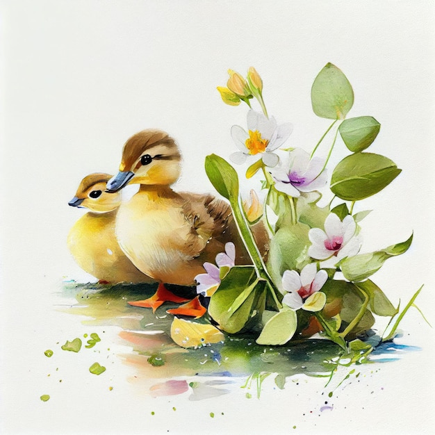 dois patos com aquarela de flores