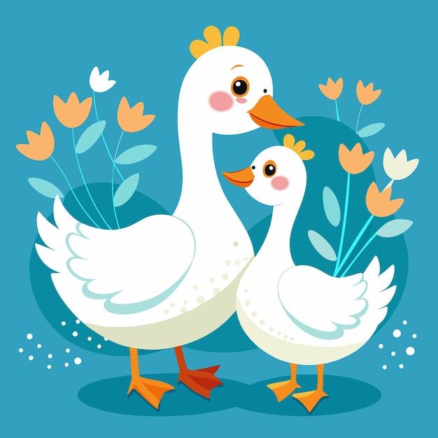 dois patos estão de pé na água com flores