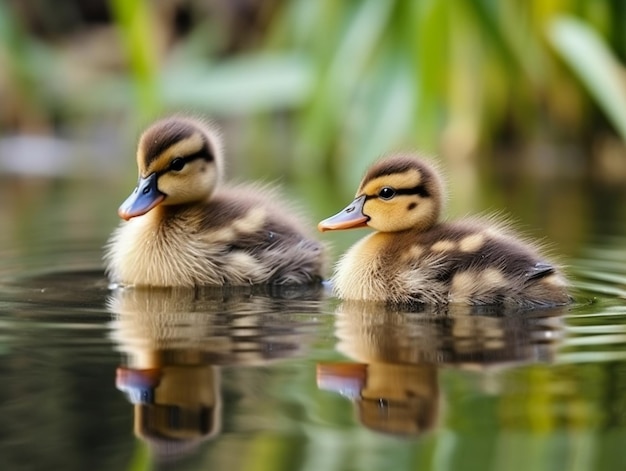 Dois patos estão nadando em um lago com folhas verdes ao fundo.