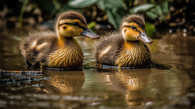 Dois patos estão nadando em um lago.