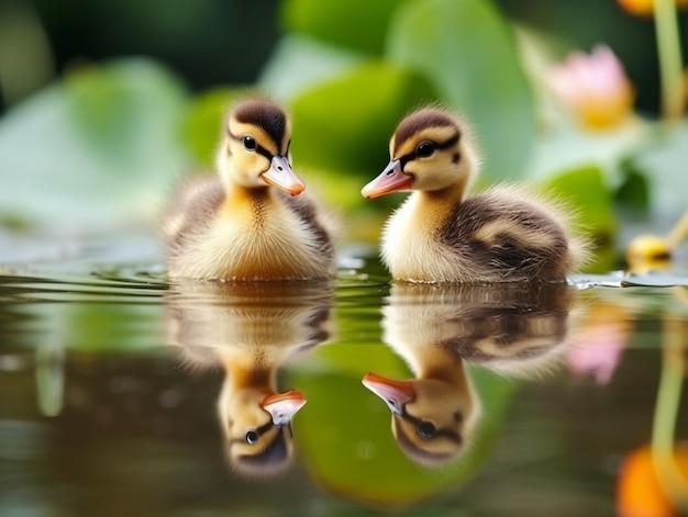 Dois patos estão nadando na água e um está olhando para a câmera.