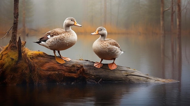 dois patos estão sentados na margem de um lago no verão