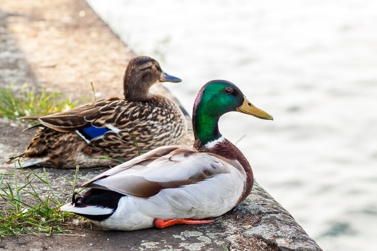 Foto dois patos masculinos e femininos descansando perto de um rio