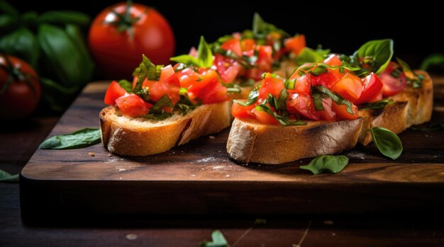 Dois pedaços de pão com tomates e manjericão .